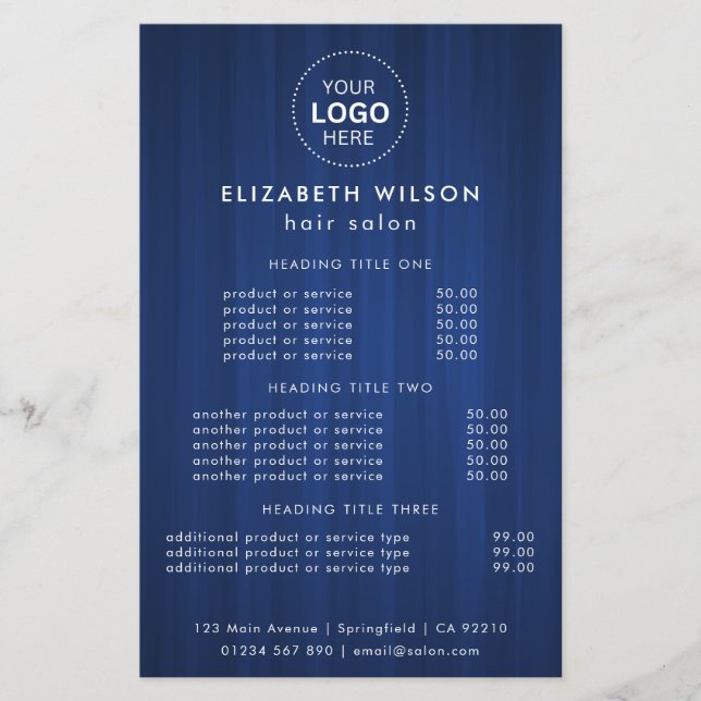 Blue Simple Salon Service Menu Flyer (Vorne)