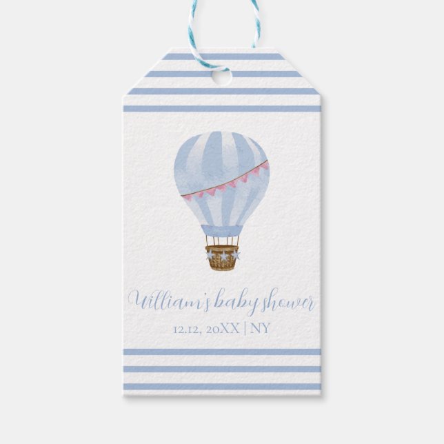 Blue Simple Strip Hot Air Ballon Boy Baby Dusche Geschenkanhänger (Vorderseite)