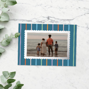 Blue Simple Strips and Scallops Landschaftsbild Fo Folien Feiertagskarte