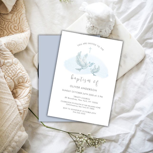 Blue Simple Watercolor Bird Dove Cross Boy Taufe Einladung (Blue Simple Watercolor Bird Dove Cross Boy Baptism Invitation)