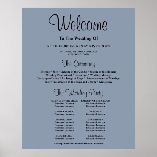 Blue Simple Wedding Zeremony Programm Signing Poster (Vorne)
