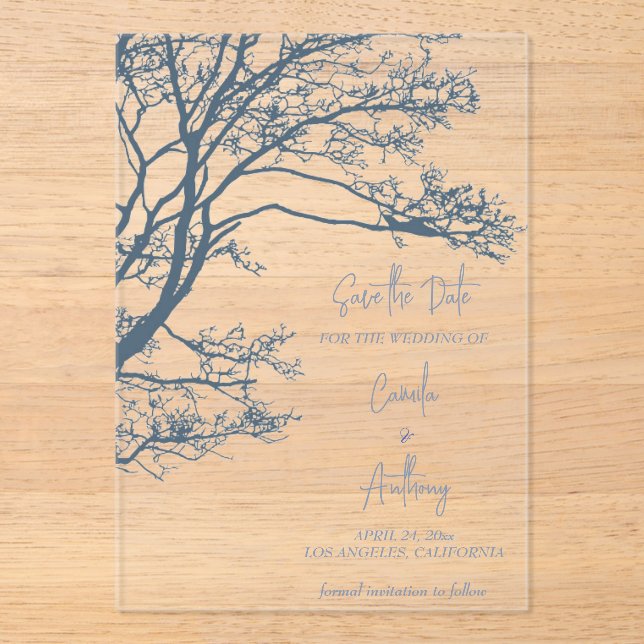 Blue Single Tree Boho Wedding Acryleinladungen (Vorderseite)
