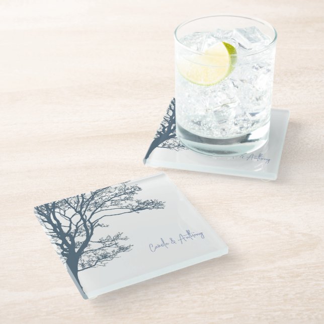 Blue Single Tree Boho Wedding Glasuntersetzer (Schrägansicht)