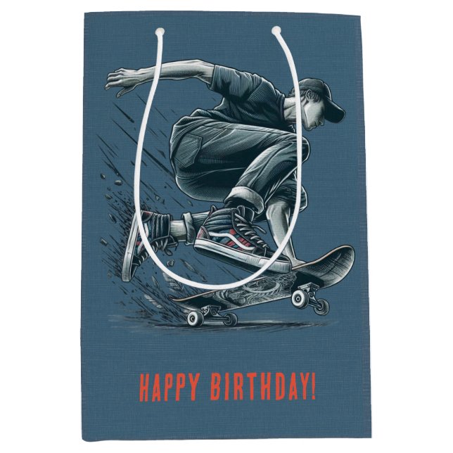 Blue Skateboarder Burnt Orange Happy Birthday Boy Mittlere Geschenktüte (Vorderseite)