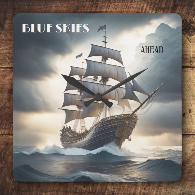Blue Skies Ahead Antique Sailboat Quadratische Wanduhr (Classic design wall clock featuring a vintage clipper on a stormy ocean)