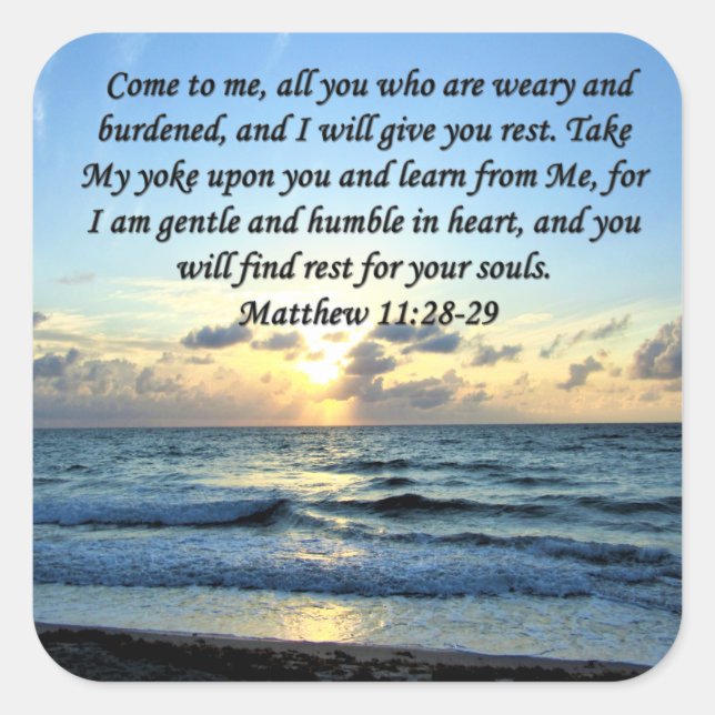 BLUE SKIES MATTHEW 11:28 SONNENRISE FOTO DESIGN QUADRATISCHER AUFKLEBER (Vorderseite)