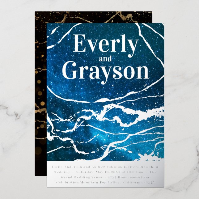 Blue Sky Galaxy Agate Marble Gold Wedding Folieneinladung (Vorderseite/Rückseite)