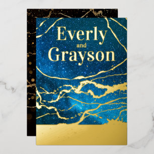 Blue Sky Galaxy Agate Marble Gold Wedding Folieneinladung