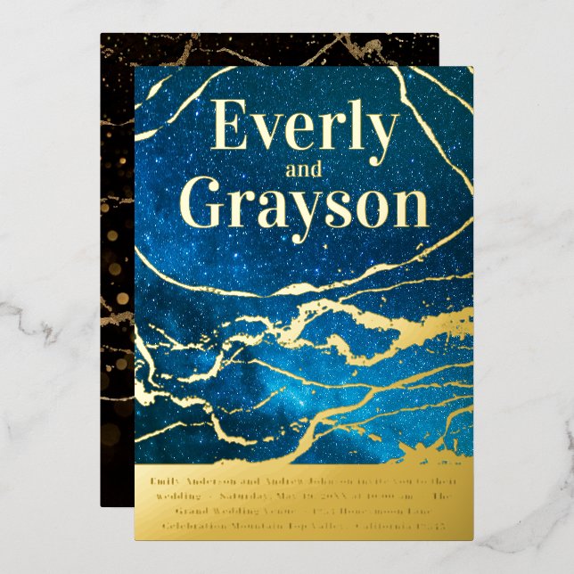 Blue Sky Galaxy Agate Marble Gold Wedding Folieneinladung (Vorderseite/Rückseite)