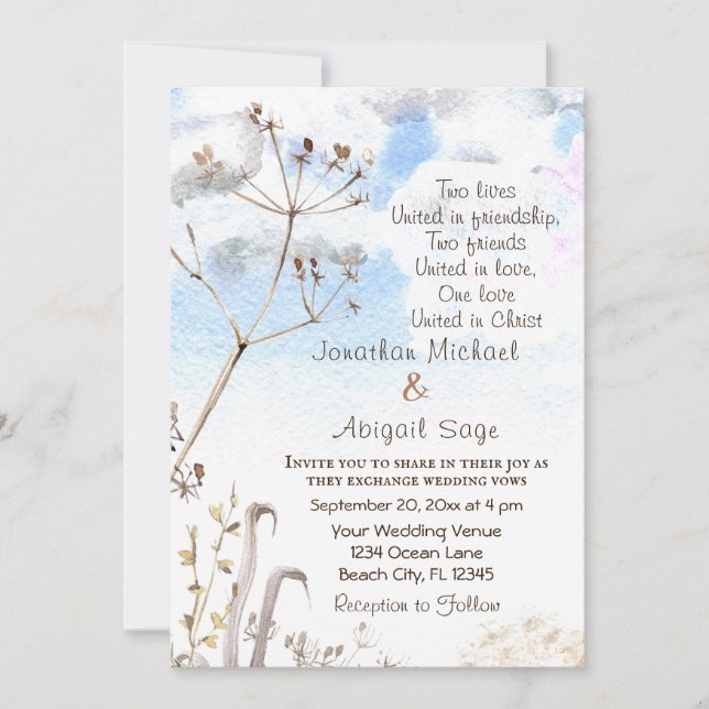 Blue Sky Simple Botanical Garden Christlich Weddin Einladung (Vorderseite)