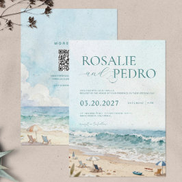 Blue Sky Summer Beach Watercolor QR Code Wedding Einladung