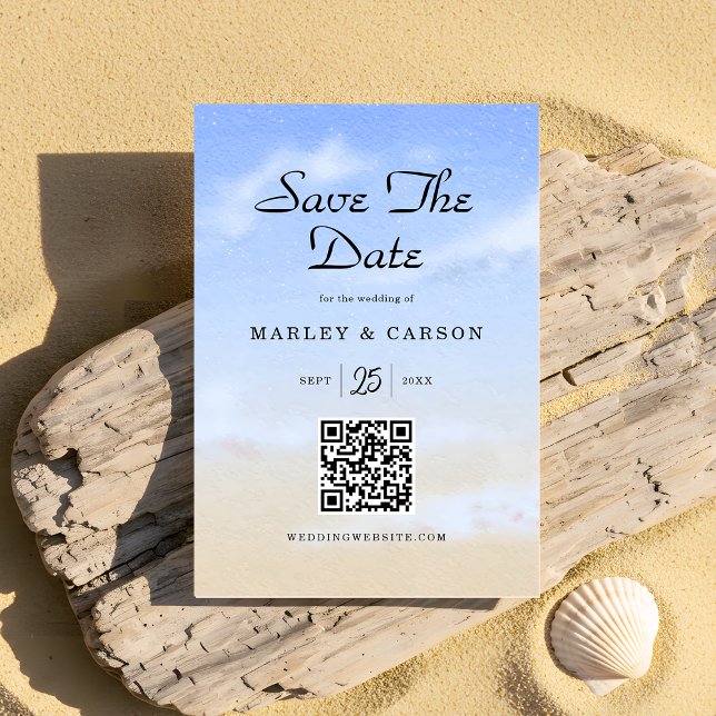 Blue Sky Summer Beach Wedding QR Code Save The Date (Von Creator hochgeladen)