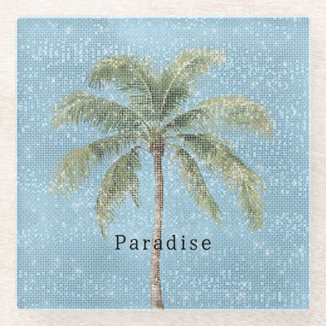 Blue Sky Tropical Palm Tree Sparkle  Glasuntersetzer (Vorderseite)