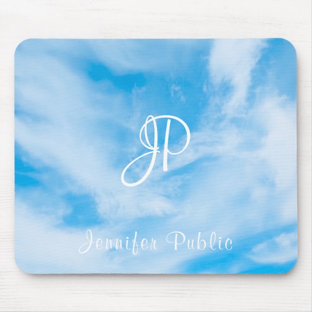 Blue Sky White Clouds Kalligrafie Text Monogram Mousepad (Vorne)