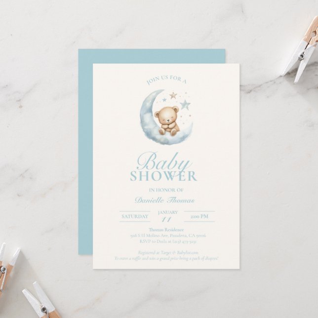Blue Sleepy Teddy Bear Boy Baby Dusche Einladung (Vorderseite/Rückseite Beispiel)