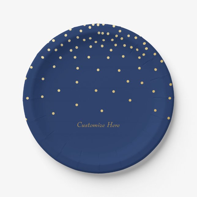 Blue & Small Gold Foil Confetti Dots Party Teller (Vorderseite)