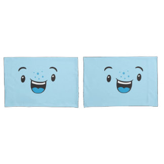 Blue Smiling Kawaii Face Pillow Case Set Kissenbezug
