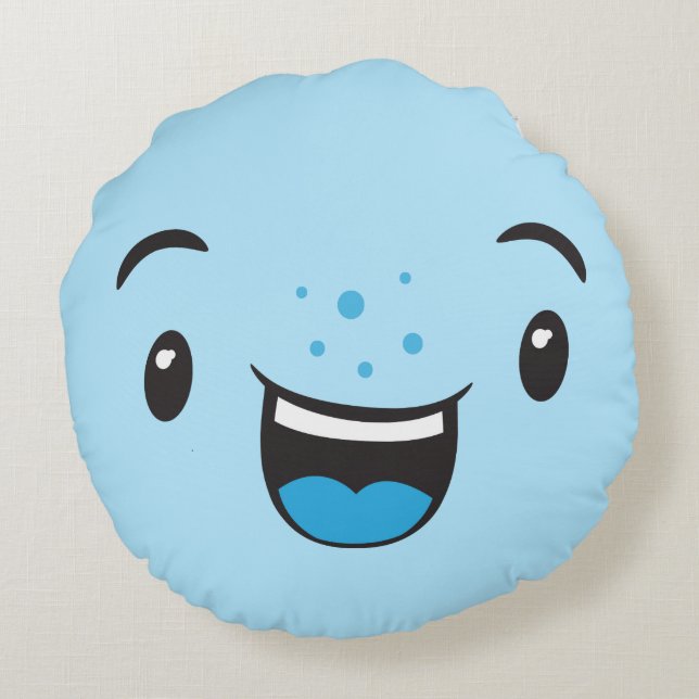 Blue Smiling Kawaii Face Round Pillow Rundes Kissen (Rückseite)