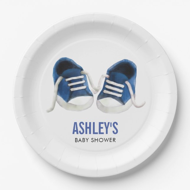 Blue Sneakers Baby Duschpapier Teller, Junge Dusch Pappteller (Vorderseite)