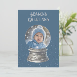 Blue Snow Globe Foto Flat Holiday Card Feiertagskarte