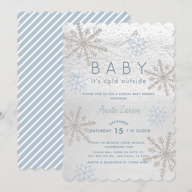 Blue Snowflake Baby seine kalte Virtual Baby Dusch Einladung (Vorne/Hinten)