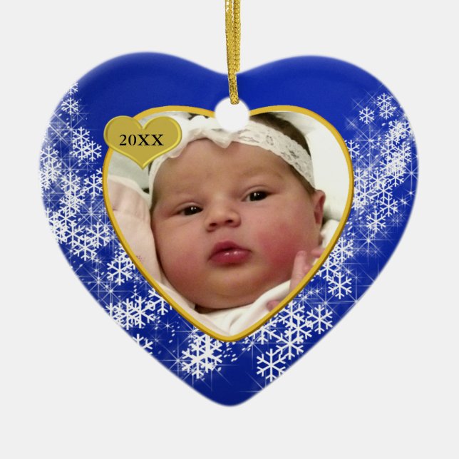 Blue Snowflake Baby's 1. Weihnachts-Foto Keramik Ornament (Vorne)