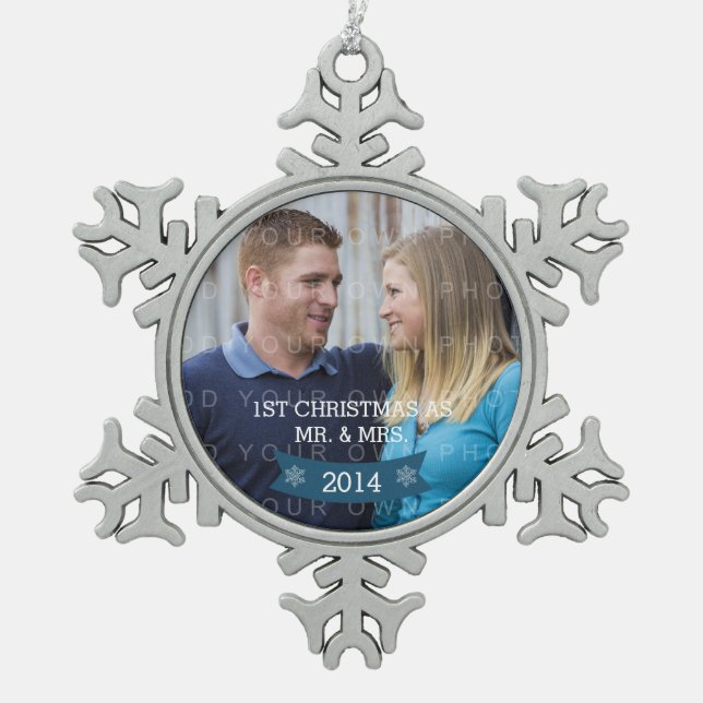 Blue Snowflake Banner Holiday Foto Ornament (Vorderseite)