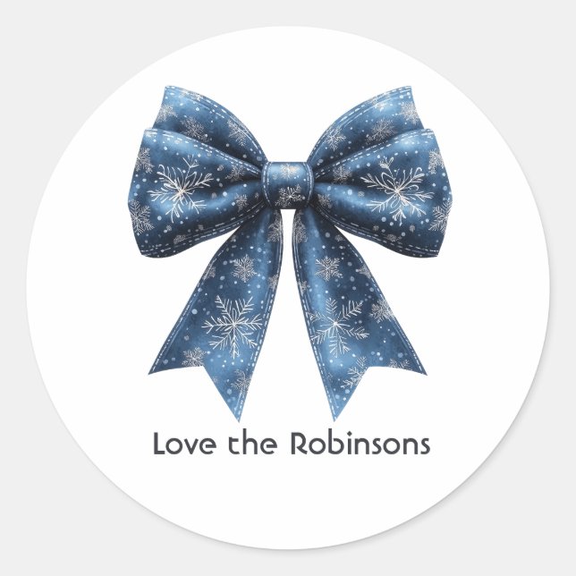 Blue Snowflake Bow Weihnachtsfeiertag Runder Aufkleber (Vorderseite)