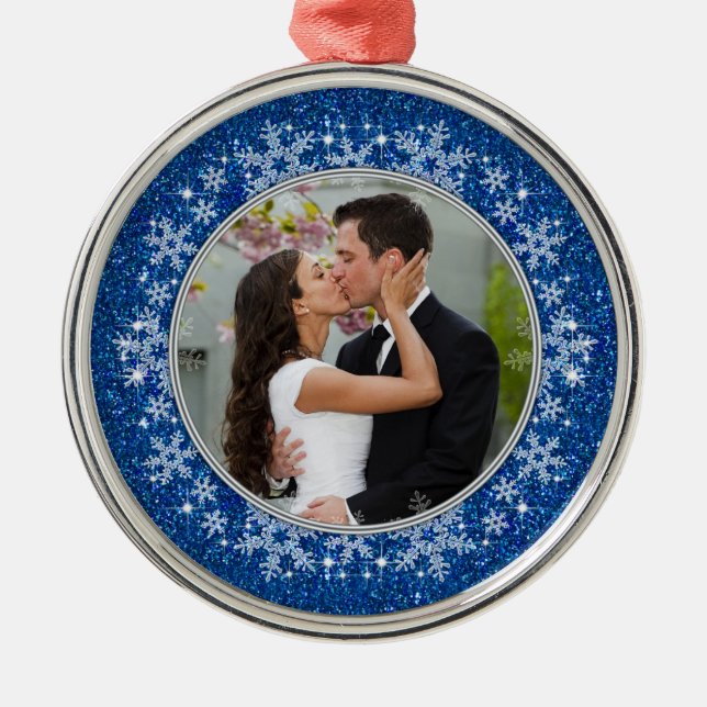 Blue Snowflake First Christmas Together Foto Ornament Aus Metall (Vorne)