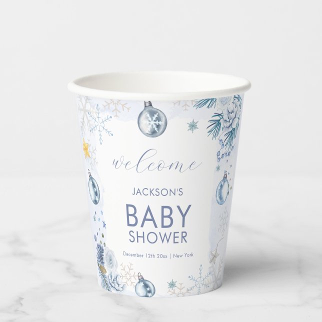 Blue Snowflake Flower Winter Baby Shower Welcome Pappbecher (Vorderseite)