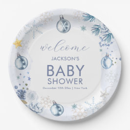 Blue Snowflake Flower Winter Baby Shower Welcome Pappteller