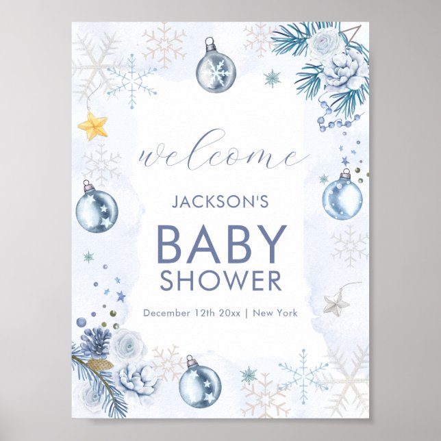 Blue Snowflake Flower Winter Baby Shower Welcome Poster (Vorne)