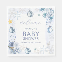 Blue Snowflake Flower Winter Baby Shower Welcome Serviette