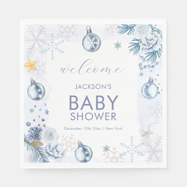 Blue Snowflake Flower Winter Baby Shower Welcome Serviette (Vorderseite)