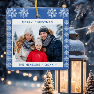 Blue Snowflake Frohe Weihnachtsfamilie Foto Keramikornament