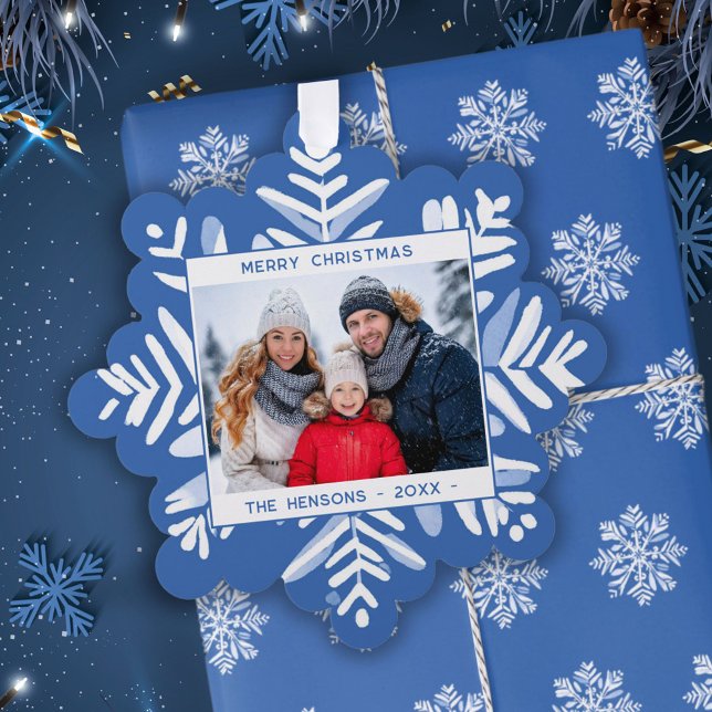 Blue Snowflake Frohe Weihnachtsfamilie Foto Ornament Karte (Von Creator hochgeladen)