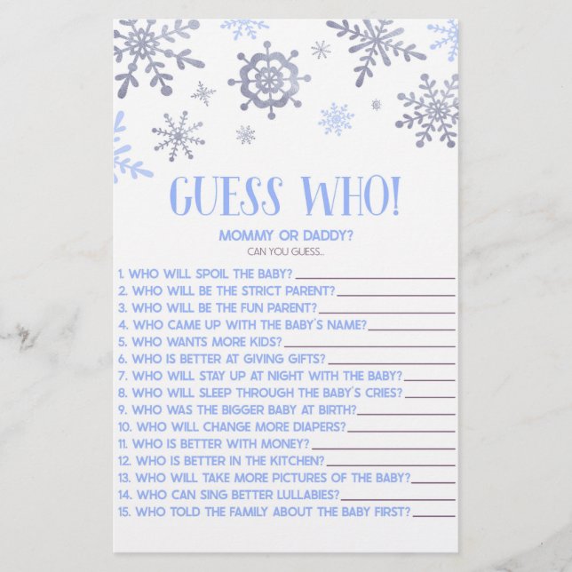 Blue Snowflake Guess Who! Baby Shower Game Briefpapier (Vorderseite)