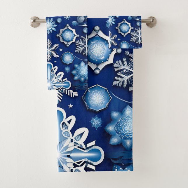 Blue Snowflake Motif Badhandtuch Set (Insitu)