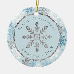 Blue Snowflake Personalized Name Date Keramik Ornament