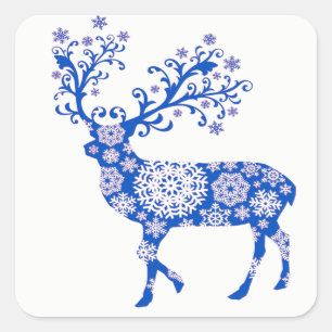 Blue Snowflake Rentierfest Weihnachten Quadratischer Aufkleber