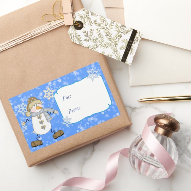 Blue Snowflake Snowman Weihnachtsgeschenk Tag Rechteckiger Aufkleber (Schenken)