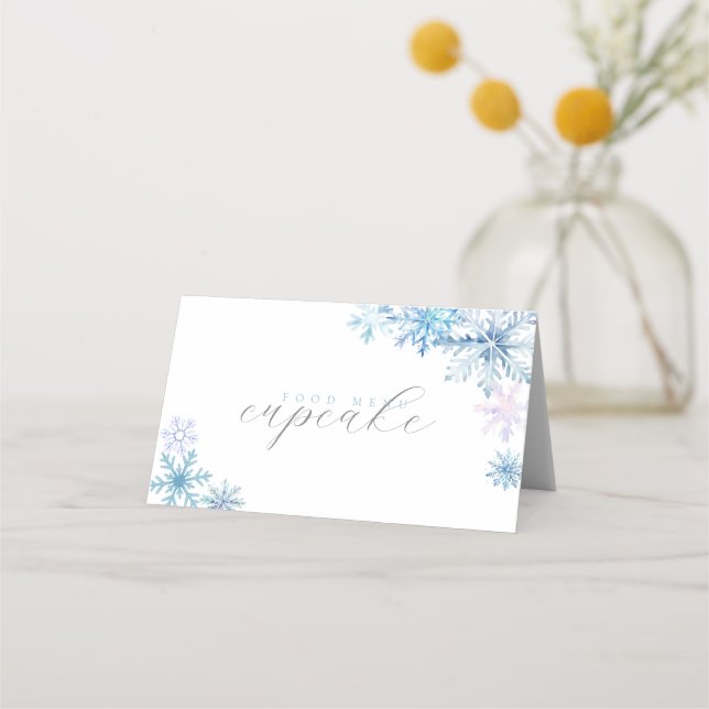 Blue Snowflake Tent Menu Card — Winter First Birth Platzkarte (Vorderseite)