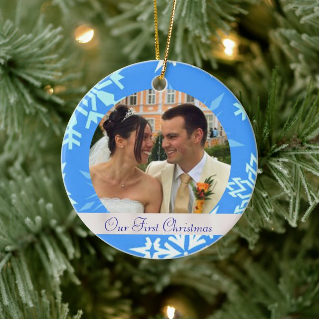 Blue Snowflake Unser erstes Weihnachts-Foto-Orname Keramik Ornament (Baum)