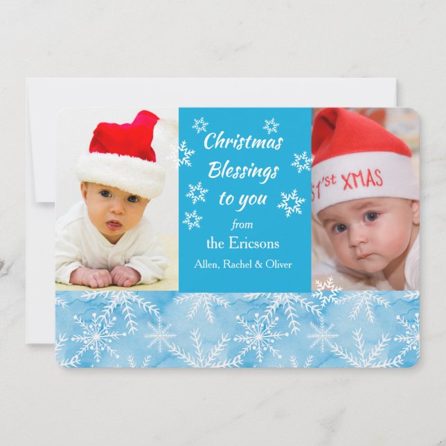 Blue Snowflake Weihnachts Foto Template Flat Card Einladung (Vorderseite)