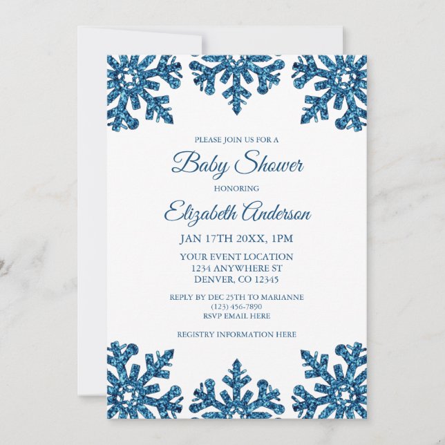 Blue Snowflake Winter Baby Dusche Einladung (Vorderseite)