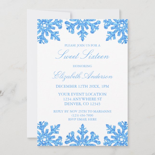 Blue Snowflake Winter Sweet 16 Einladung (Vorderseite)