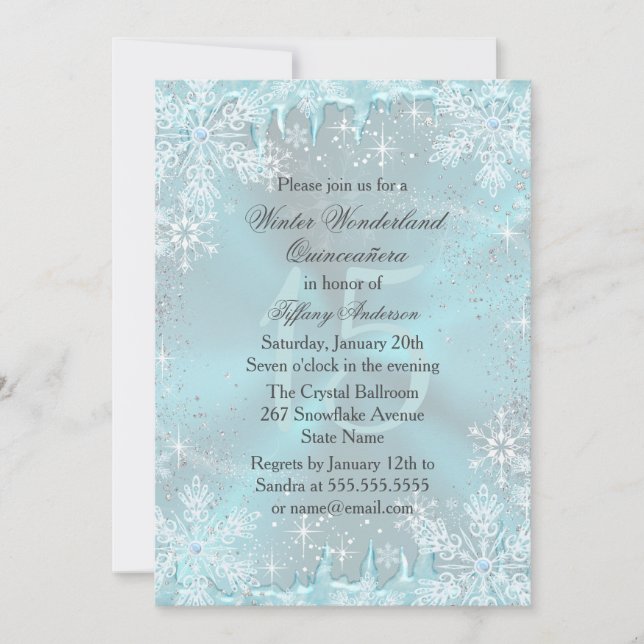 Blue Snowflake Winter Wonderland Quinceanera Einladung (Vorderseite)