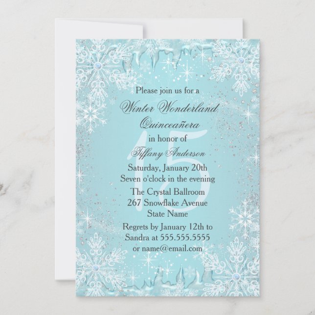Blue Snowflake Winter Wonderland Quinceanera Einladung (Vorderseite)