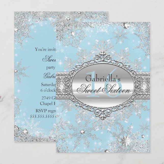 Blue Snowflake Winter Wonderland Sweet 16 Einladun Einladung (Vorne/Hinten)