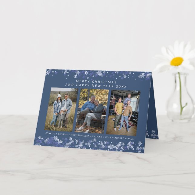 Blue Snowflakes Christmas Modern Collage 3 Photos Karte (Kleine Pflanze)